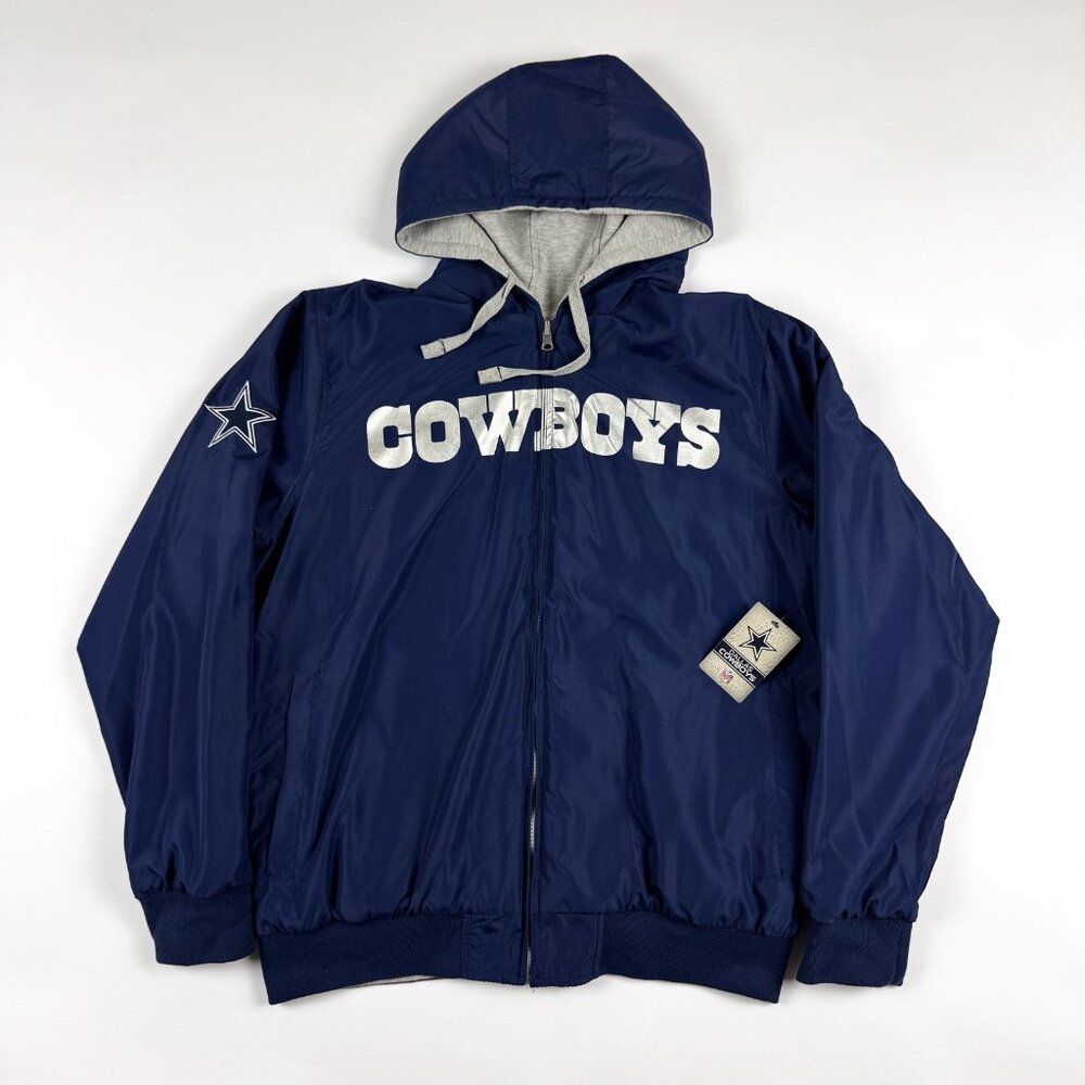New Dallas Cowboys Windbreaker Jacket Mens XL Blue Gray NFL Hooded Reversible NW
